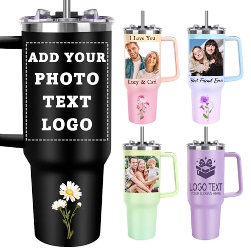 Image of Personalized Tumbler with Handle and Straw, Custom 40oz Tumbler with Picture Logo Text - Stainless Steel Travel Coffee Cup, Personalized Christmas Gifts Mom Dad Friend