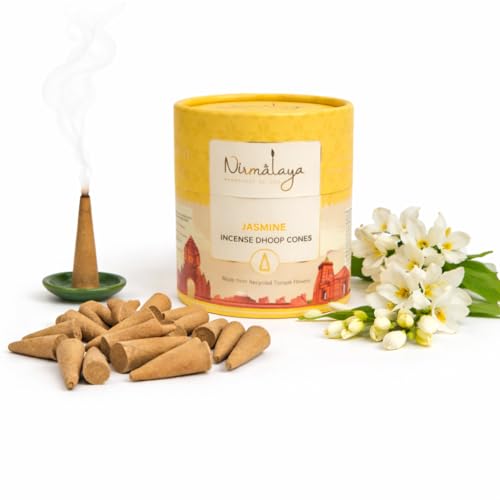 Image of Nirmalaya Premium Jasmine Dhoop Cones | 60 Bambooless Incense Cones with Stand | Made from Sacred Flowers | Charcoal Free Cones | 25 Min Burn Time for Pooja & Meditation