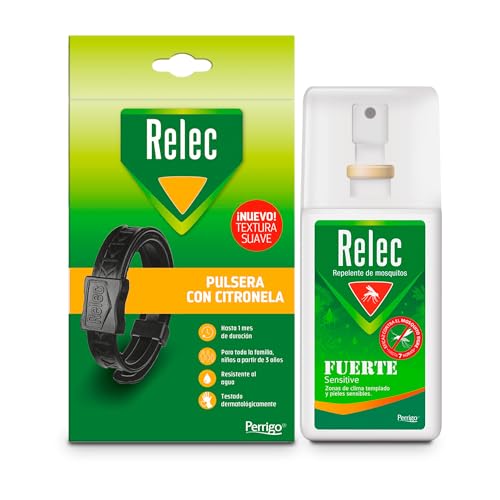 Relec Fuerte Sensitive Familiar Spray Antimosquitos + Pulsera con Citronela (Pack 75 ml + 1 ud), Eficaz Contra El Mosquito Tigre, Protección contra Picaduras de Mosquitos en Zonas Templadas