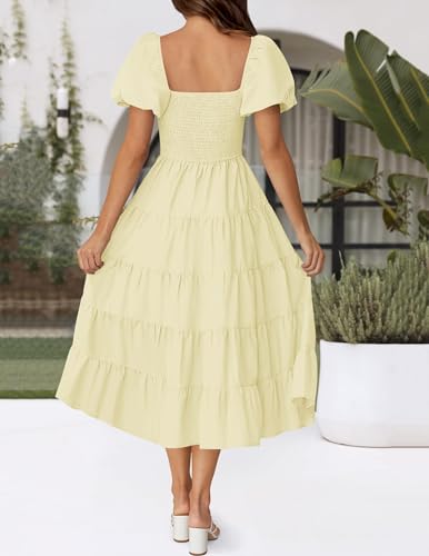 Image of ZESICA Women's 2026 Summer Puff Sleeve Midi Dress 2026 Boho Solid High Waist Flowy Beach Wedding Guest Long Dresses