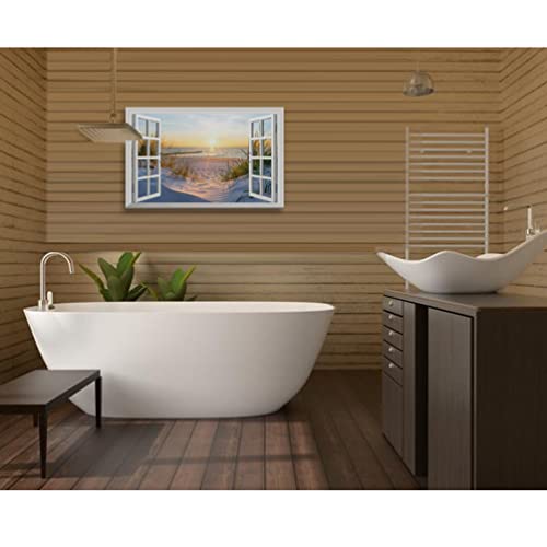 Fake Window Sunset Beach Picture Decor Wall Art Ocean Scene Faux Window View Yellow Natural Landscape With Framed Canvas Size 24X36X1Pcs #TOP5