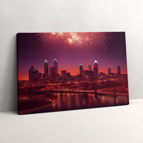 Peinture sur Toile Philadelphie 60x40cm Wallfluent - Tableau Photo de Nuit pour Salon