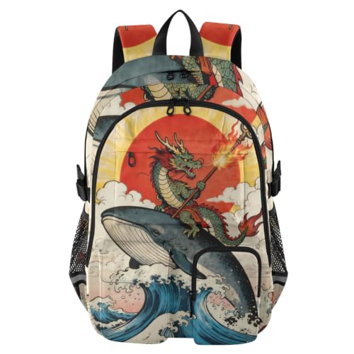 Mochilas de viaje japonesas de olas y dragón para niñas adolescentes