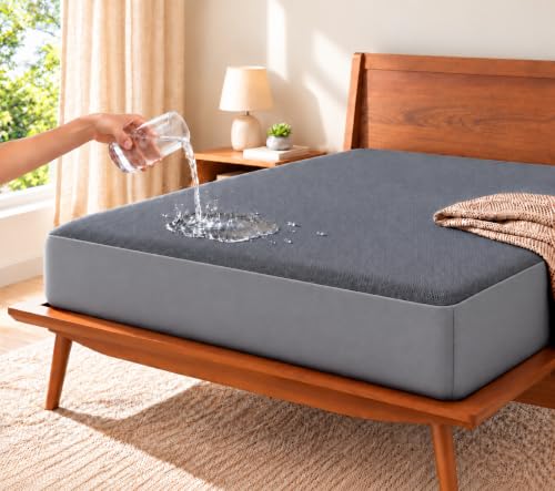 Trance Home Linen Premium Cotton Feel Mattress Protector Queen Size 78x60 Inches | 100% Waterproof | Bed Mattresses Cover | All Side Elastic Fitted | Breathable Hypoallergenic (Upto 10 Inches | Grey)