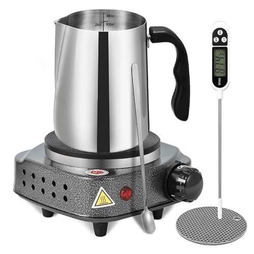 Zestaw garnków do topienia wosku, świecznik o mocy 500 W, kubek ze stali nierdzewnej o pojemności 900 ml, z uchwytem odpornym na ciepło, termometr, mata termoizolacyjna, 1–5 ustawień