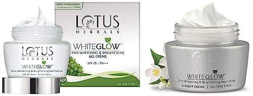 Image of Lotus Herbals Whiteglow Skin Whitening & Brightening Gel Cream, SPF-25, 40g & White Glow Skin Whitening & Brightening Nourishing Night Creme, 60g (Pack of 1)