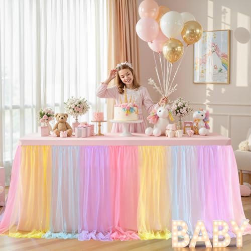 Rainbow Tablecloth Rectangle 6 Foot Elastic Fitted Tulle Ruffle T...