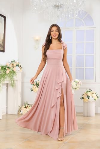 Women's Tie Straps Bridesmaid Dresses with Slit Ruffled Chiffon Long Formal Evening Gowns2
