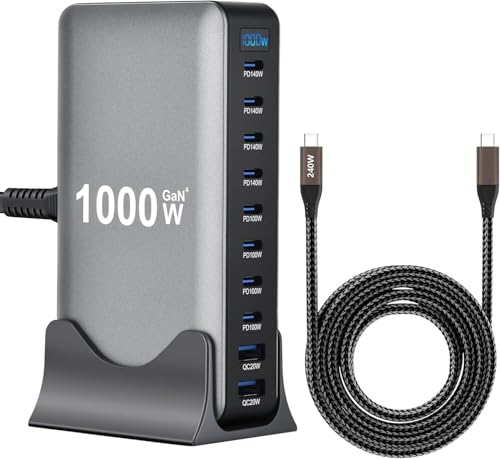 Famous Tech Shop 1000W GaN4 10-Port Charging Station with 1x 240W Ultra Fast Charging Cables–Fast Multi-Device Charging Station for Laptops, Tablets, Smartphones, Gaming Consoles & Headphones