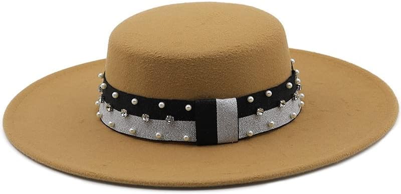 Womens Fedora Women Hats Felt Fedoras Flat Top Hat Jazz Panama Cap 10CM Large Wide Brim Caps (Color : Camel, Size : One Size)