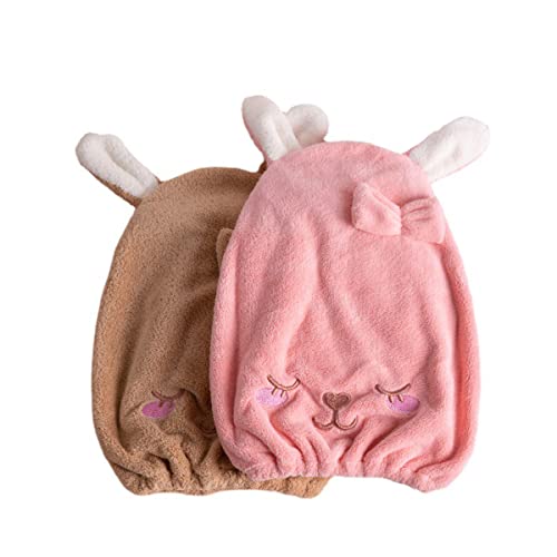 Lot de 2 serviettes à cheveux en microfibre - Motif lapin - Marron et rose - Séchage rapide - Pour femme Cover