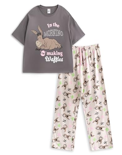 Pyjama Shrek Donkey ensemble nuit femme gris manches courtes pantalon multicolore imprimé gaufres