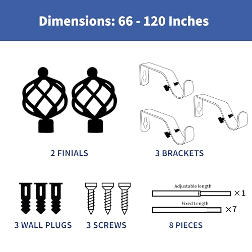 Sharpliving Extra Long Black Curtain Rod 66 to 120 Inch with Holders, Adjustable Metal Drape Rod for Living Room Bedroom Windows, 1 Pack Window Rods with Spiral Finials for Sliding Glass Door by Sharpliving - Image 8