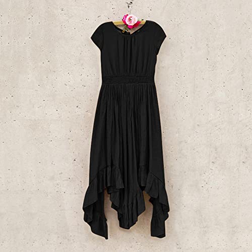 sfdgfhyf 7-12Y Girls Dresses Vintage Rockabilly Sleeve Retro Dresses Girls Party Swing Solid Irregular Dresses Short Dress (c-Black, 9-10 Years)4
