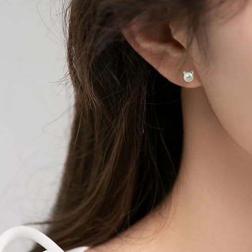 Cute Cat Stud Earrings, Hypoallergenic Small Pearl Earrings for Women Silver3