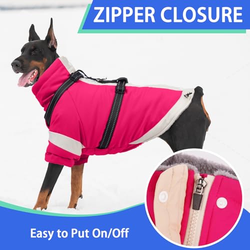 Image of MIGOHI Snowproof Dog Jacket with Harness in a Chilly Day,S,Rosered | Reflective Small Dog Coat with Sleeves Waterproof Fleece Winter Puffer Jacket for Dogs,Turtleneck Puppy Coats for Outdoor