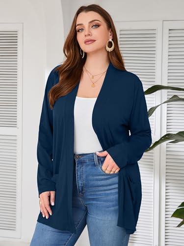 Image of AusLook Plus Size Lightweight Cardigans for Women Open Front Pockets Jacket | 1X-5X,Soft Stretch,Long Sleeve,Longline Coverage,Dress Jeans Layer,Work Travel Style,Spring Fall Wear