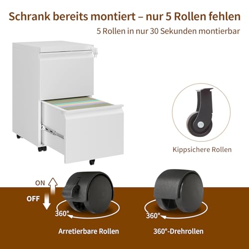 LVSTEEL Rollcontainer, Aktenschrank Abschließbar mit 4 Schlüsseln, Aktenschrank unter Schreibtisch, mit 2 Schublade, Vormontiert… – Ansicht 8