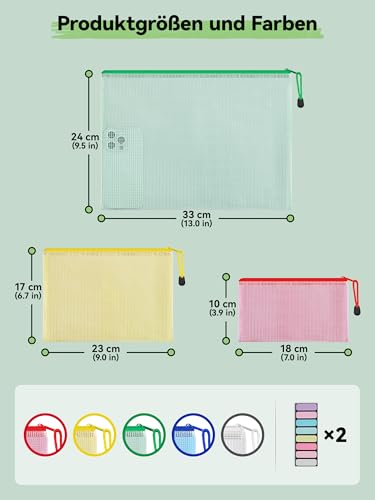 HEETA 15 Stück Dokumententasche A4+A5+A6, Wasserdichte Mesh Dokumententaschen, Dokumentenmappe mit Reißverschluss, Reißverschlussbeutel für Schule, Zuhause, Büro, Reisen, Kosmetika（5 Farben）