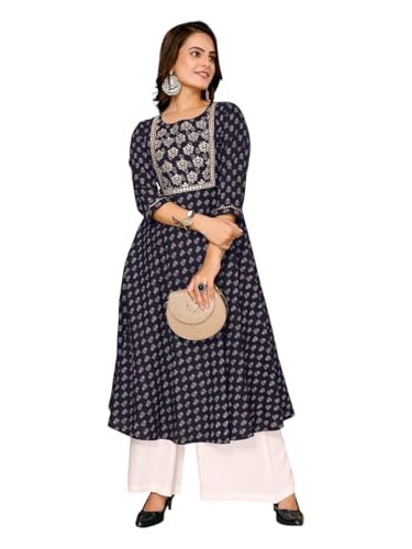 Image of rangita Navy Blue Cotton Calf Length Embroidered Anarkali Kurti for Women | Kurta for Women