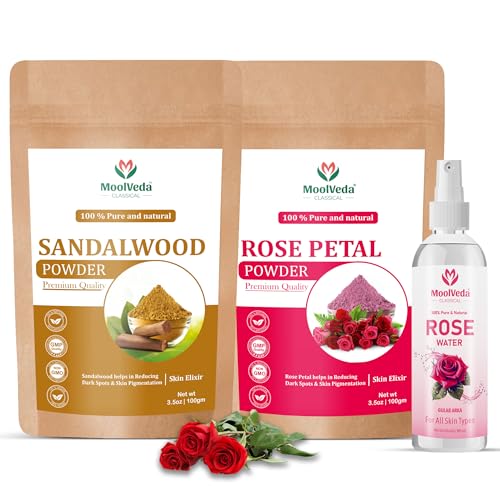Image of Sandalwood (Chandan) Powder & Rose Petal Powder Combo | Pure & Original Face Pack for Skin Care & Facial Use | 100 g Each | Free Rose Water