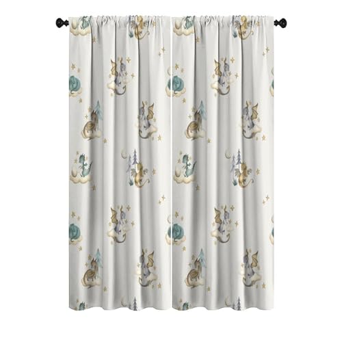 Image of Fantasy Cute Baby Dragon Blackout Curtains for Living Room,Watercolor Mid Century Woodland Cartoon Dragon Rod Pocket Thermal Insulated Room Darkening Curtains 2 Panels 84L x 26W