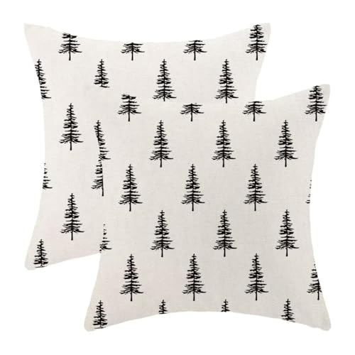 BETGINY Christmas Pillow Covers 22 x 22 Inch Pack of 2, Christmas Trees Decoration Throw Pillow Linen Farmhouse Xmas Winter Holiday Pillow Cases Cushion for Bedroom Home Sofa-Black