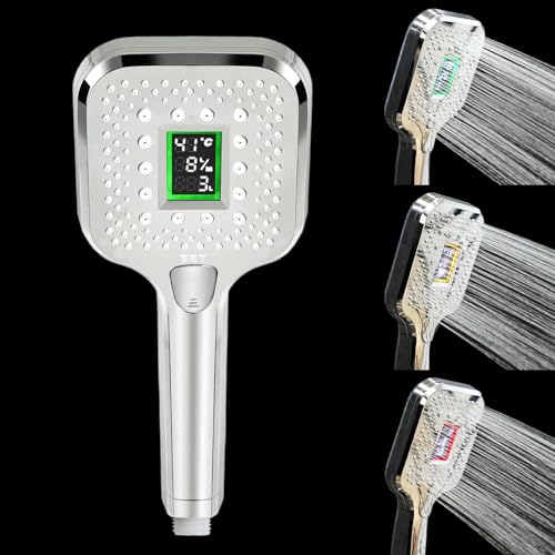 JINYOMFLY Alcachofa de Ducha LED con Display Temperatura, Caudal y Consumo, 3 Modos Teléfono Ducha con Luz, Alcachofa para Ducha LED con Pantalla Digital LED, Sin Pilas