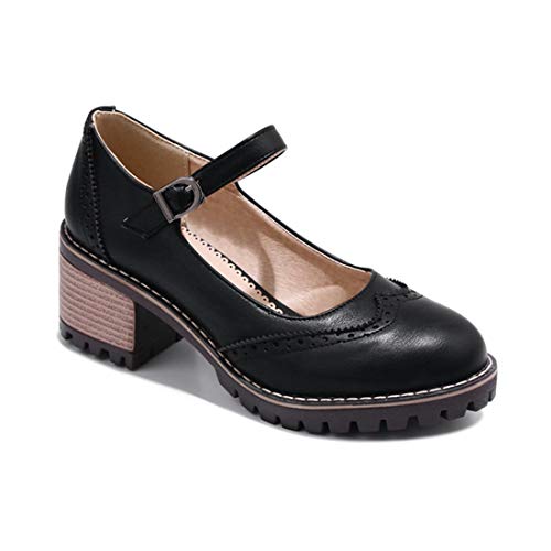 VOKLIN Women's Retro Mary Jane Pump Oxford Brogue Round Toe Platform Chunky Block Heel Vintage Dress Shoes