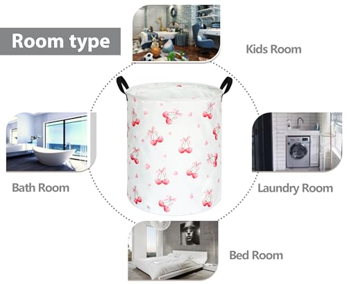 Image of Cherry Print Round Laundry Hamper Storage Basket Bins Clothes Nursery Hamper for Home, Gift Storage Bins with Handles