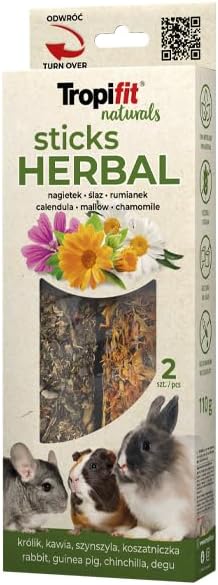 TROPIFIT NATURALS STICKS HERBAL 110G | 100% Naturalna Kolba Ziołowa dla Królika, Kawii, Szynszyli, Koszatniczki | Zdrowa Przekąska z Nagietkiem, Rumiankiem i Mniszkiem Lekarskim | Bez Zbóż, Cukru