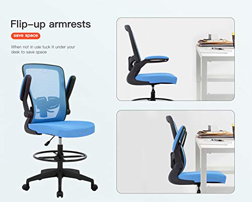 Image of BestOffice Drafting Chair Tall Office Chair Adjustable Height with Lumbar Support Arms Footrest Mid Back Standing Desk Chair Swivel Rolling Mesh Computer Chair Standing Desk Drafting Stool Blue