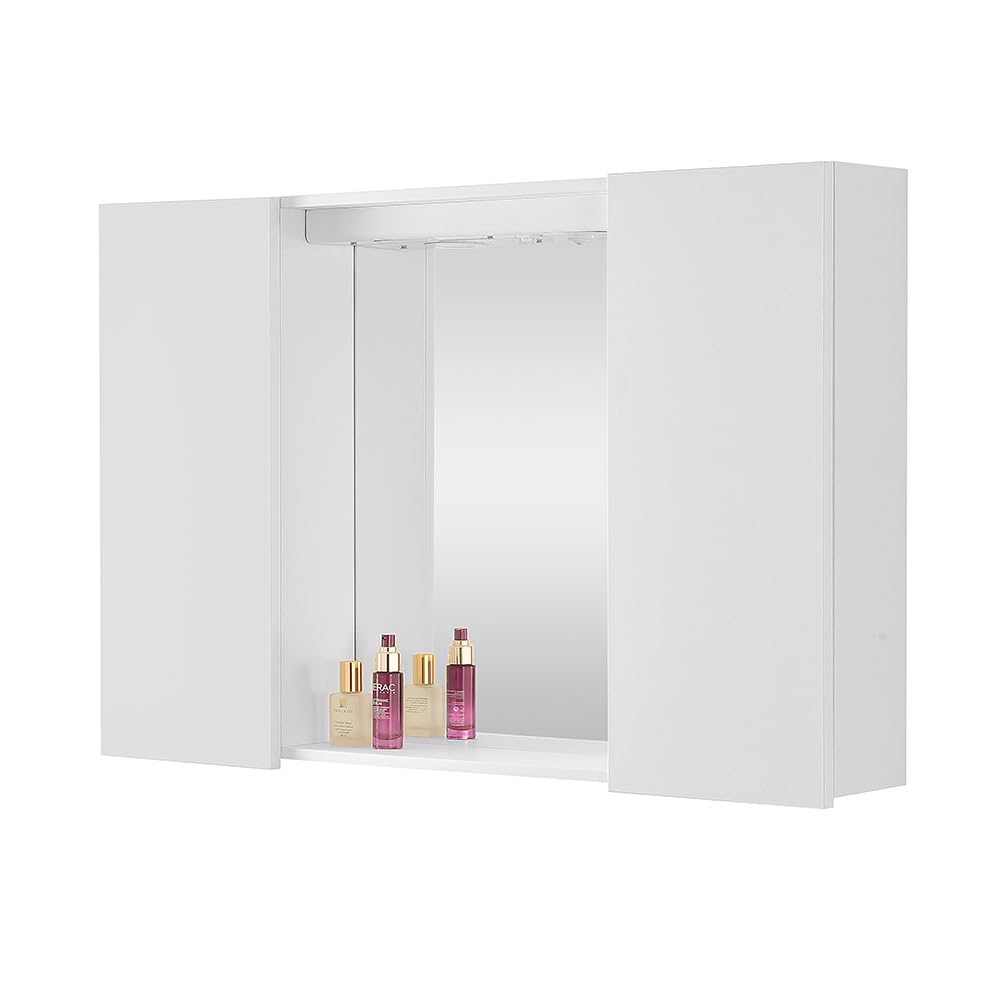 Specchio Contenitore 90x60 cm Bianco con faretti LED Superiori, Ante e ripianti Interni fissi, Disponibile in Diverse Misure