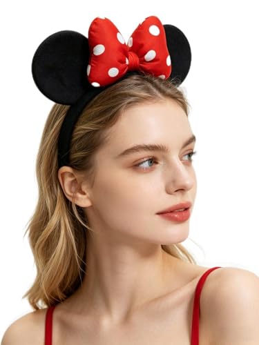 ODOCARE Handmade Mouse Ears Headband for Women and Ladies, Polka Dot Bow Mini Ears Costume Accessories(Red-White Dots)