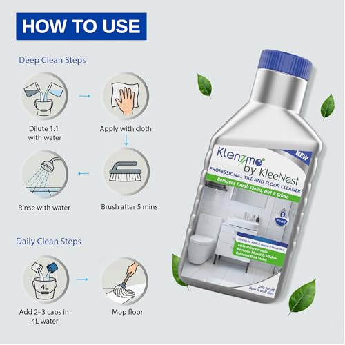 Image of Klenzmo by Kleenest Professional Tile & Floor Cleaner - 2 in 1 Formula | Removes Rust, Paint & Water Stains Effective on Mould & Mildew | Insta-Shine Safe for Vitrified, Ceramic & Mosaic Tiles | 850ml