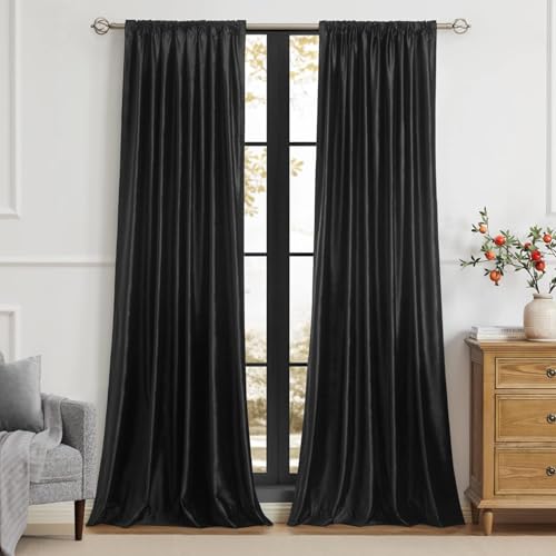 Image of PRIMROSE Black Curtains 102 inch for Living Room Velvet Drapes Blackout Rod Pocket Back Tab Window Treatment Semi Room Darkening Decor Curtains for Bedroom Set of 2 Panels