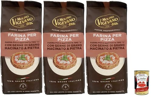 Molino Vigevano Farina 'Tipo 1' - Harina para pizza, no muy refinada, germen de cereales molidos con piedra, harina profesional, 3 x 500 g + polpa italiana gourmet 400 g