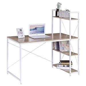 eSituro PC Laptop Studie Tafel Werkstation Gaming Bureau voor Thuis en Kantoor – Wit Metalen Benen- Licht Eiken Houtnerf Tafelblad – Eenvoudig Ontwerp met 4 Planken voor Boeken en Bestanden SCD0068