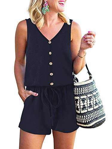ANRABESS Women Rompers Button Down Sleeveless Short Jumpsuits Tank Rompers with Pockets 2A20zangqing-L 46
