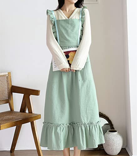 Girls Women Pleated Cotton X Back Long Aprons Home Kitchen Garden Art Pinafore Florist Shop Overalls (Green, 35Wx 42L) #TOP7