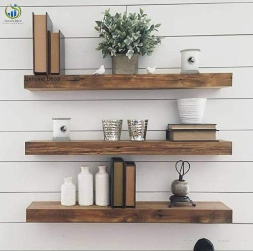Image of Genuine Decor Rustic Wooden Floating Shelves Set of 3 | Solid Sheesham Wall Shelf for Living Room & Kitchen | Decorative Wall Mounted Storage Rack (36 Inch)
