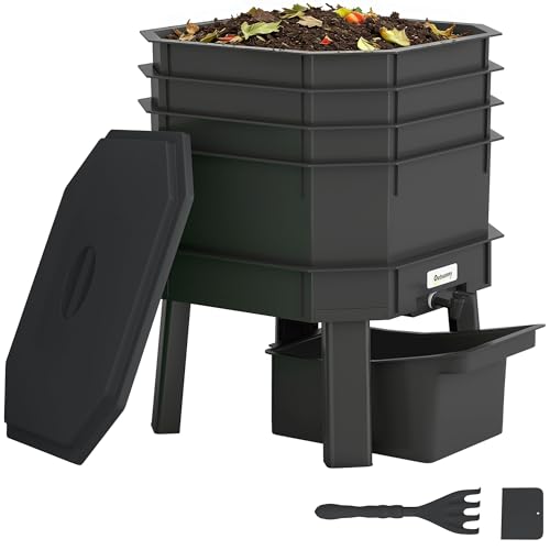 Outsunny 4-Tray Worm Composter Bin, 7.4 Gal Outdoor & Indoor Worm Composter, Farm Starter Kits for...