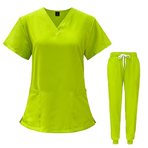 VIAOLI Scrubs for Women Set V-Neck Pocket Top & Drawstring Jogger Scrub Pants Stretch Nursing Scrubs Set Uniform