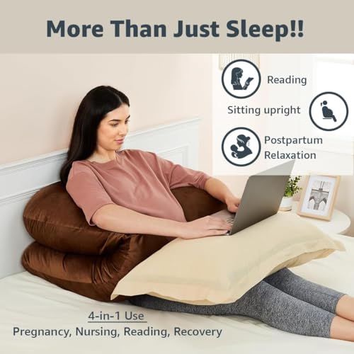 Image of Amazon Basics Full Body Pregnancy Pillow for Maternity,Baby Nursing,Full Body Support-Abdomen,Hip,Spine,Neck&Leg Support Cushion| Perfect Baby Shower Gift | U-Shaped-Washable Cover with Zip - Brown