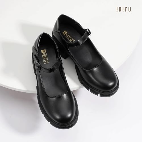 IDIFU IN2 Platform Mary Janes Shoes Closed Round Toe Low Short Block Chunky Thick Heels Wedding Prom Formal Work Graduation Dress Shoes for Women Comfortable Cute Vintage Oxfords Uniform Dressy Pumps4