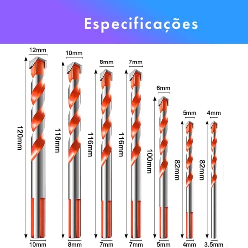 Kit Brocas Fura Tudo - Jogo com 7 Pcs Para Furadeira - Para Madeira, Metal, Alumínio, Pisos, Vidro,