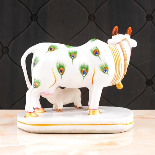 Image of Calf Statue in Marble Dust, 9CM Holy Cow. Idol, Showpiece for Home Decor, Handmade Divine Cow., Mother Cow.with Baby Calf, kamdhenu Gold (mor)