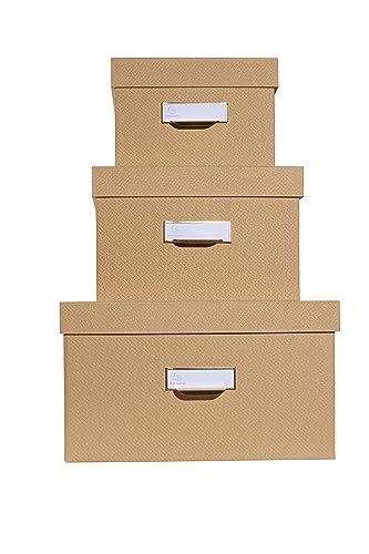 Exacompta 79602E 3er Pack Aufbewahrungsbox aus stabilem Recycling-Karton mit Textileffekt. Je 1x DIN A6+, A5+, A4+. Ordnungsbox mit Deckel Geschenkbox Transportbox Schachtel Allzweckbox Beige