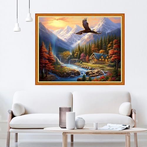 Image of Dooxvey Cross Stitch Kits for Adults Beginners,Full Range of Cross-Stitch Stamped Kits Needlepoint Kits for Beginners Embroidery Kits 11CT Cross Stitch Patterns-Eagle Scenery 16x20 inch