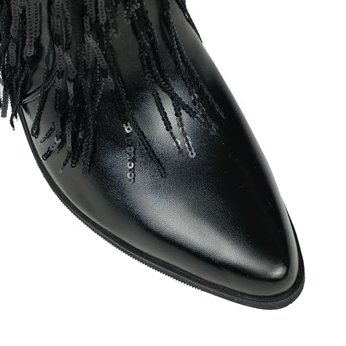 Image of HiColor women's leather-like thick-heeled western pointed booties Black tassels & sequins decorated fashionable boots